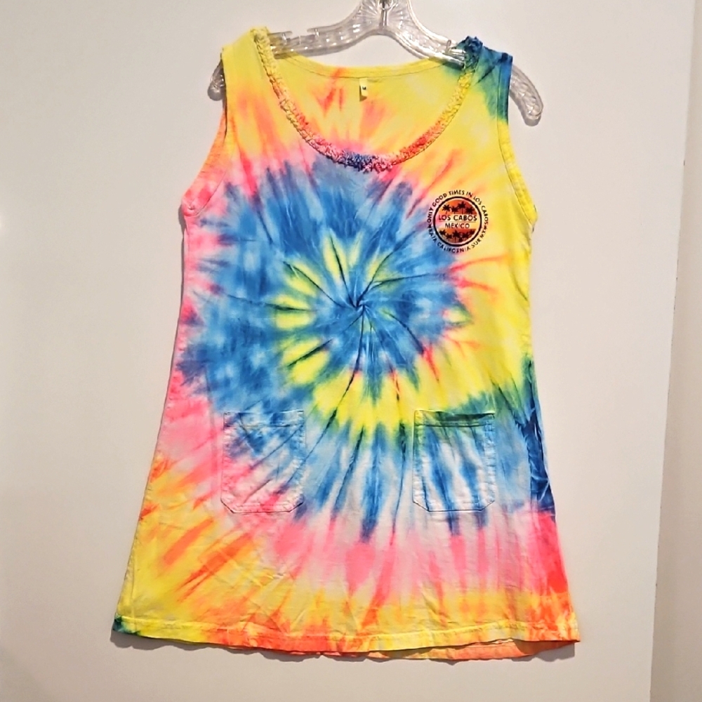 Los Cabos Baja California Souvenir Tie Dye Oversize Tank Tee Swim Cover Up Med.
